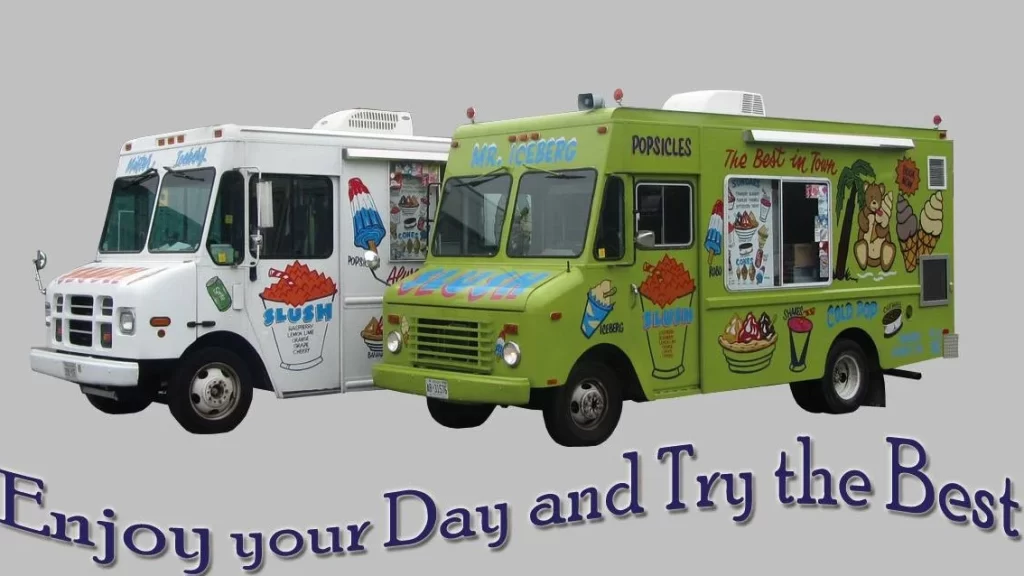 Two colorful Mr. Iceberg ice cream trucks featuring vibrant designs, parked and ready for service.