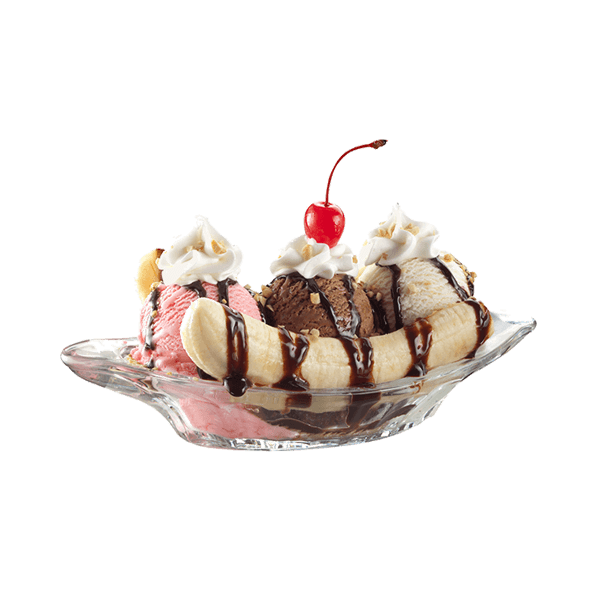 Banana boat with ice cream, chocolate drizzle, whipped cream, and a cherry