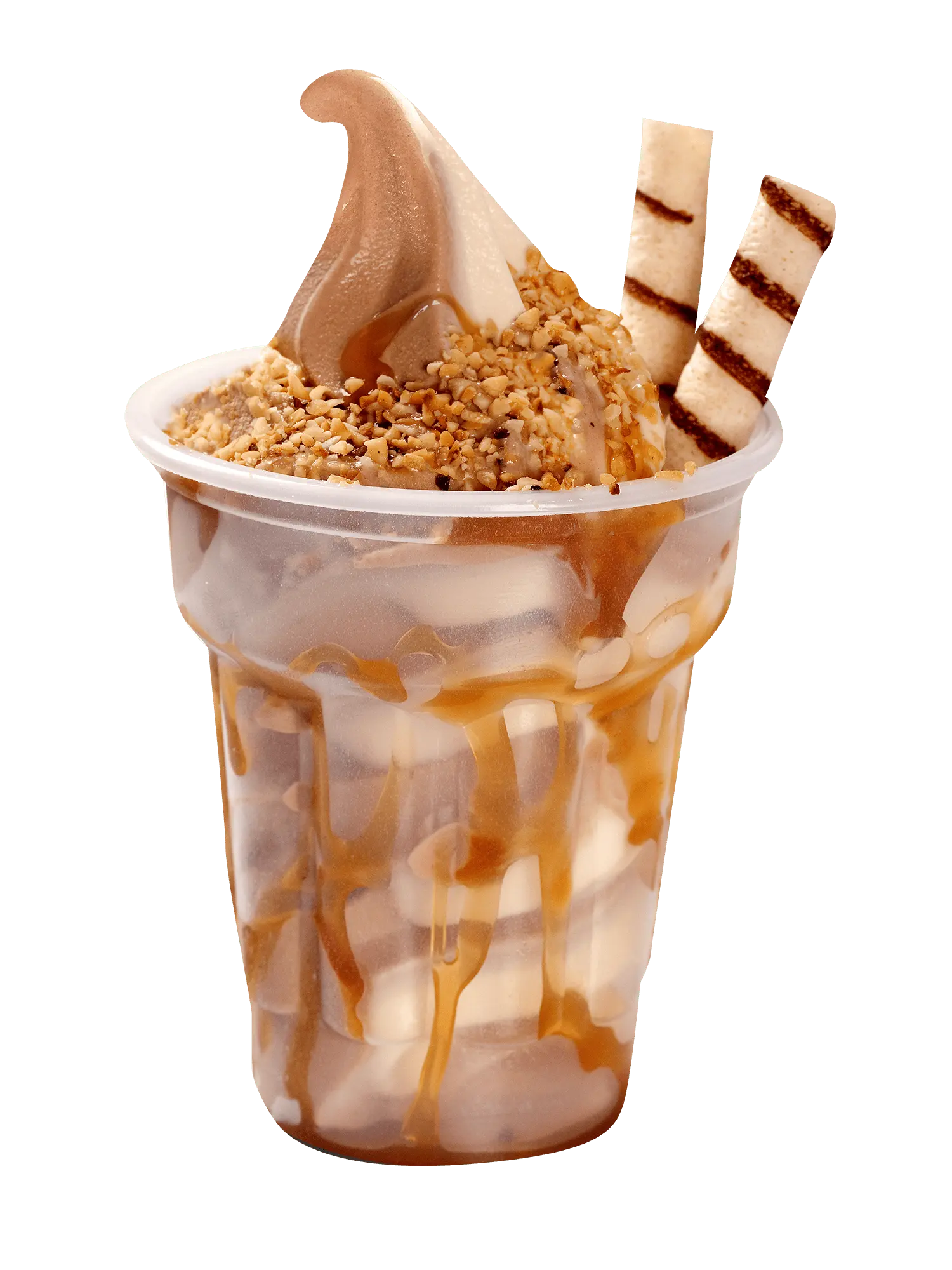 Sundae with caramel drizzle, crushed nuts, and wafer sticks