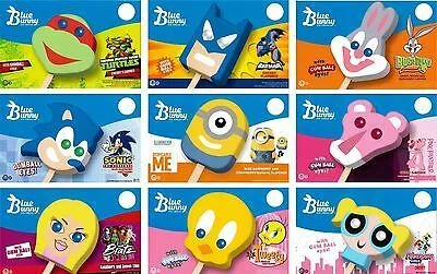 A variety of character-themed popsicles, including Sonic, Batman, Bugs Bunny, Minion, Tweety, and more.