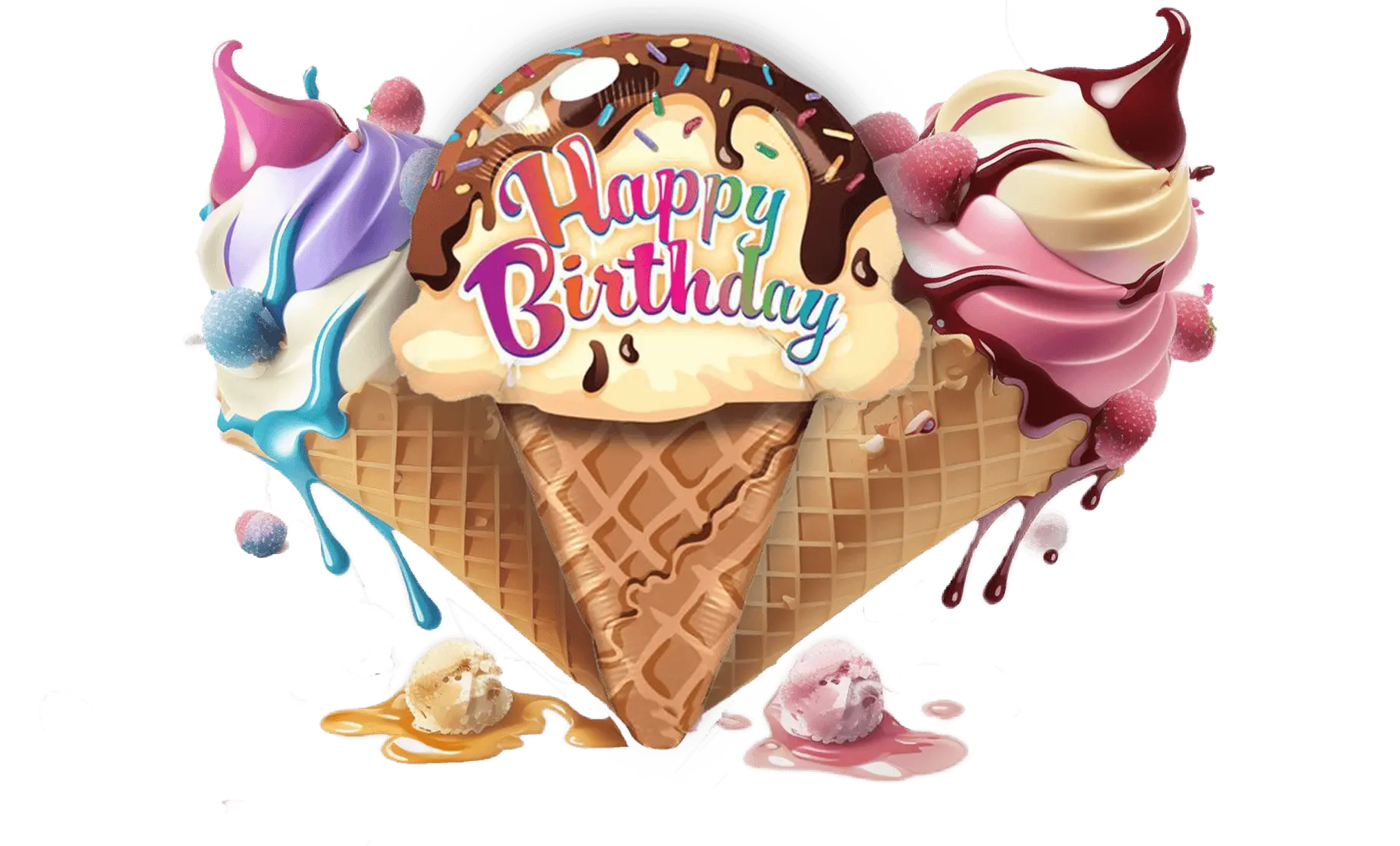 Ice cream cones with a "Happy Birthday" message and colorful toppings