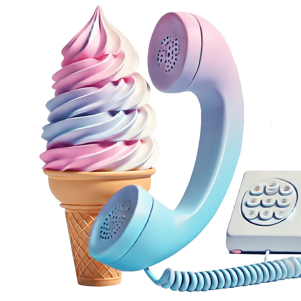 Soft serve ice cream cone next to a pastel retro telephone