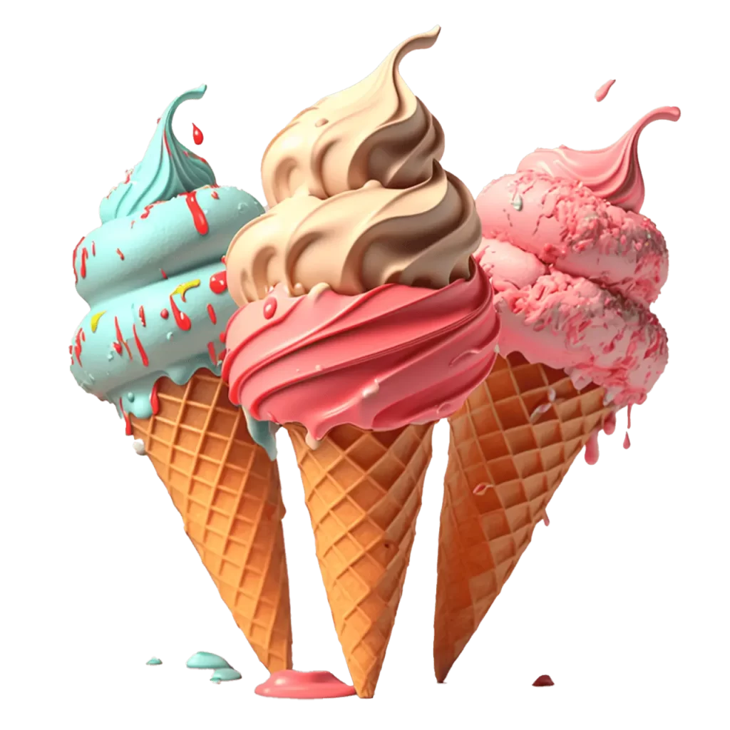 Three colorful ice cream cones with different flavors, including blue, pink, and chocolate, in crispy waffle cones.