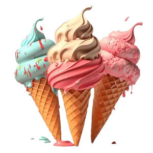 Three colorful ice cream cones with different flavors, including blue, pink, and chocolate, in crispy waffle cones.