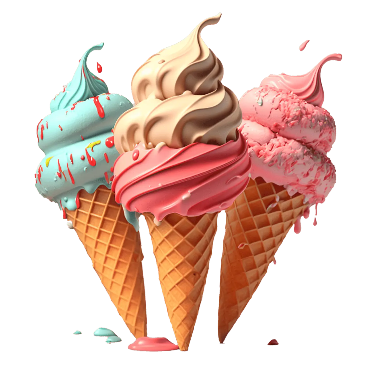 Three colorful ice cream cones with different flavors, including blue, pink, and chocolate, in crispy waffle cones.