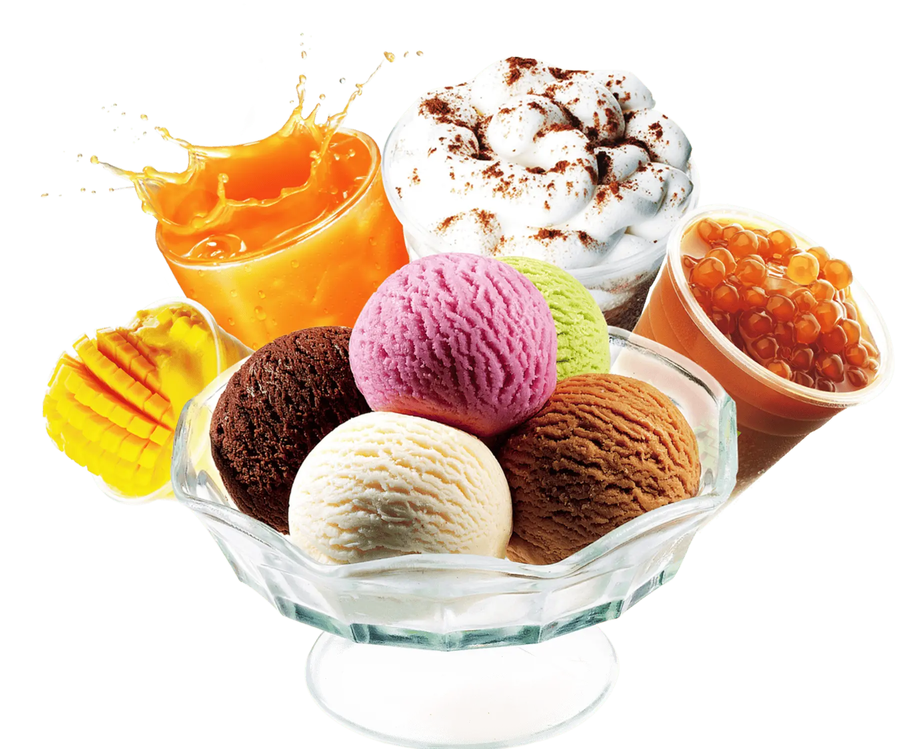 A bowl of ice cream scoops with drinks and desserts