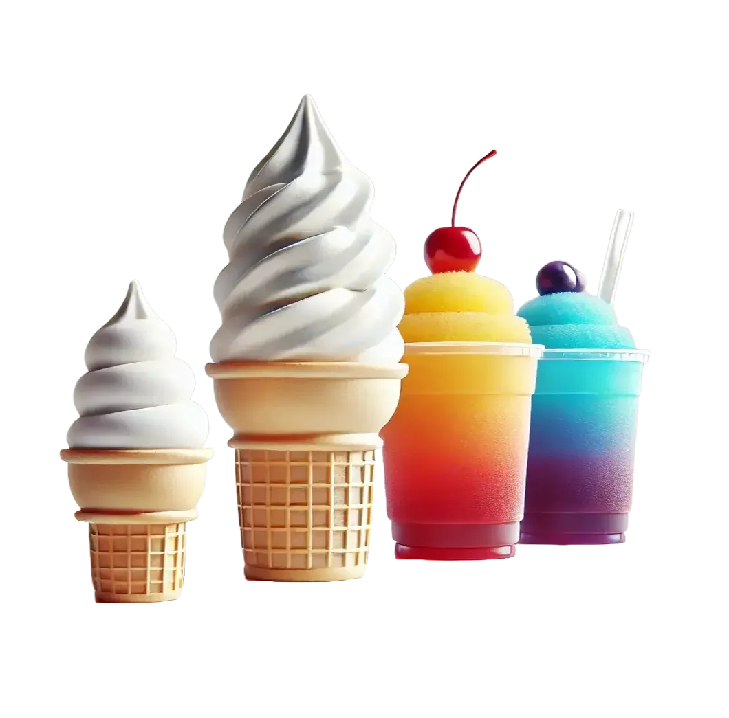 Vanilla ice cream cones and colorful slush drinks