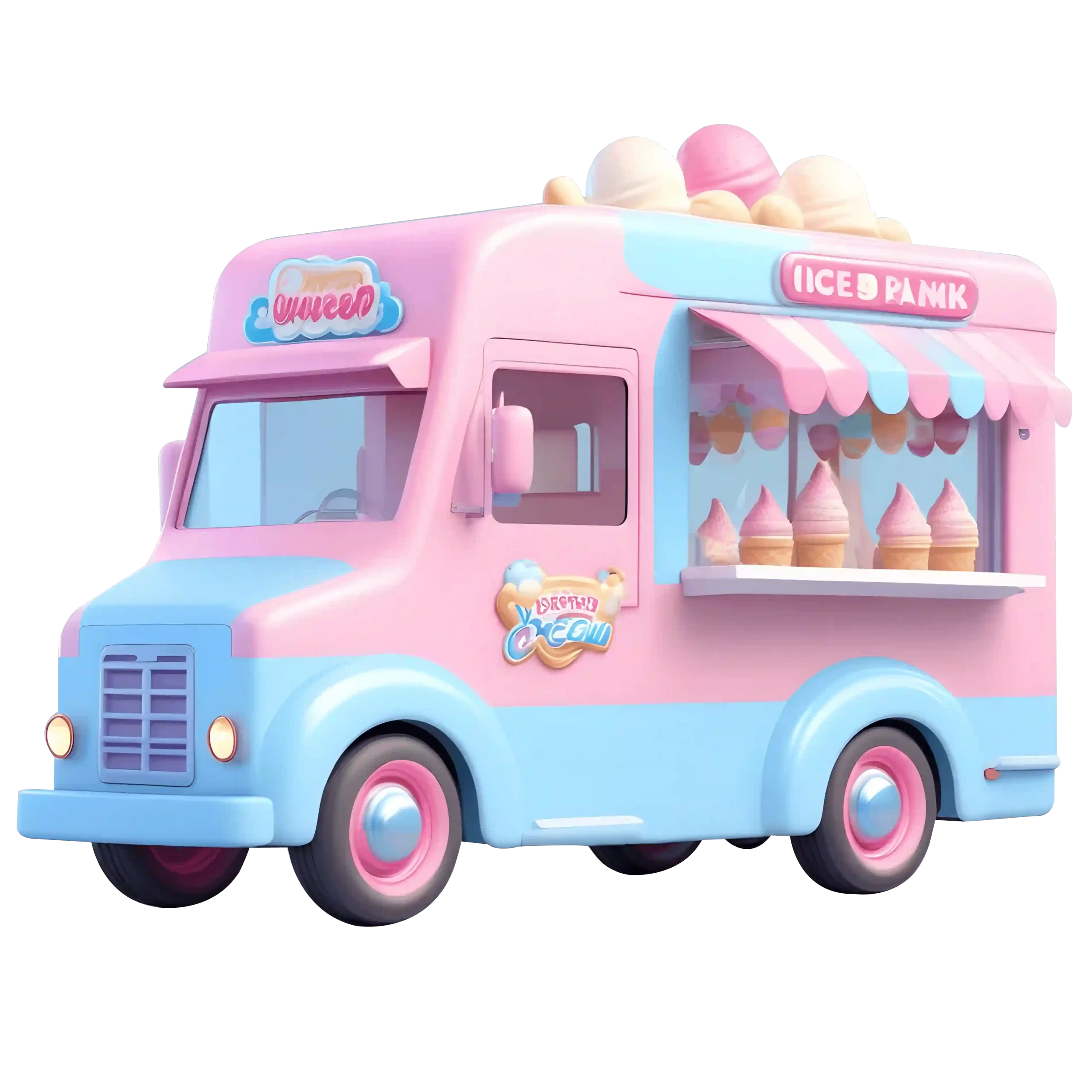 Pink and blue pastel ice cream truck with soft serve cones displayed