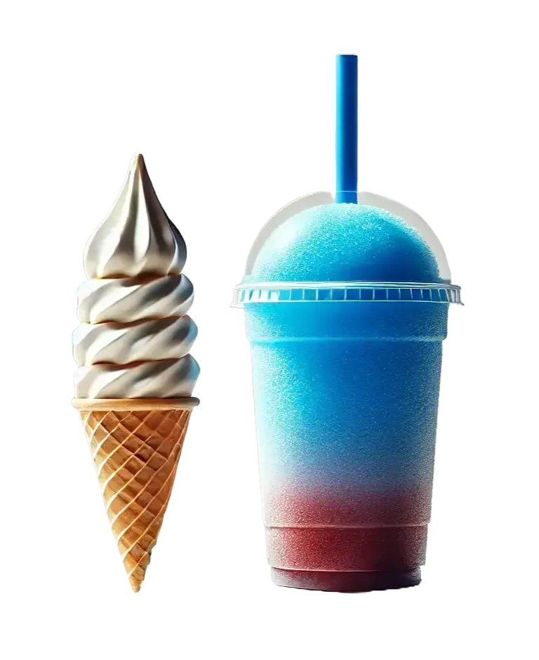 Vanilla soft serve ice cream cone and blue slush drink