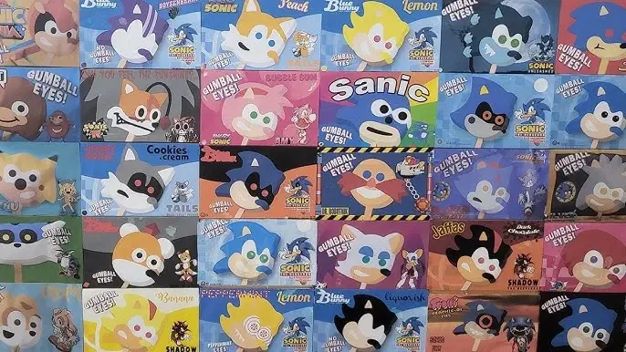 A collection of various Sonic popsicle packaging designs featuring different character-themed frozen treats.