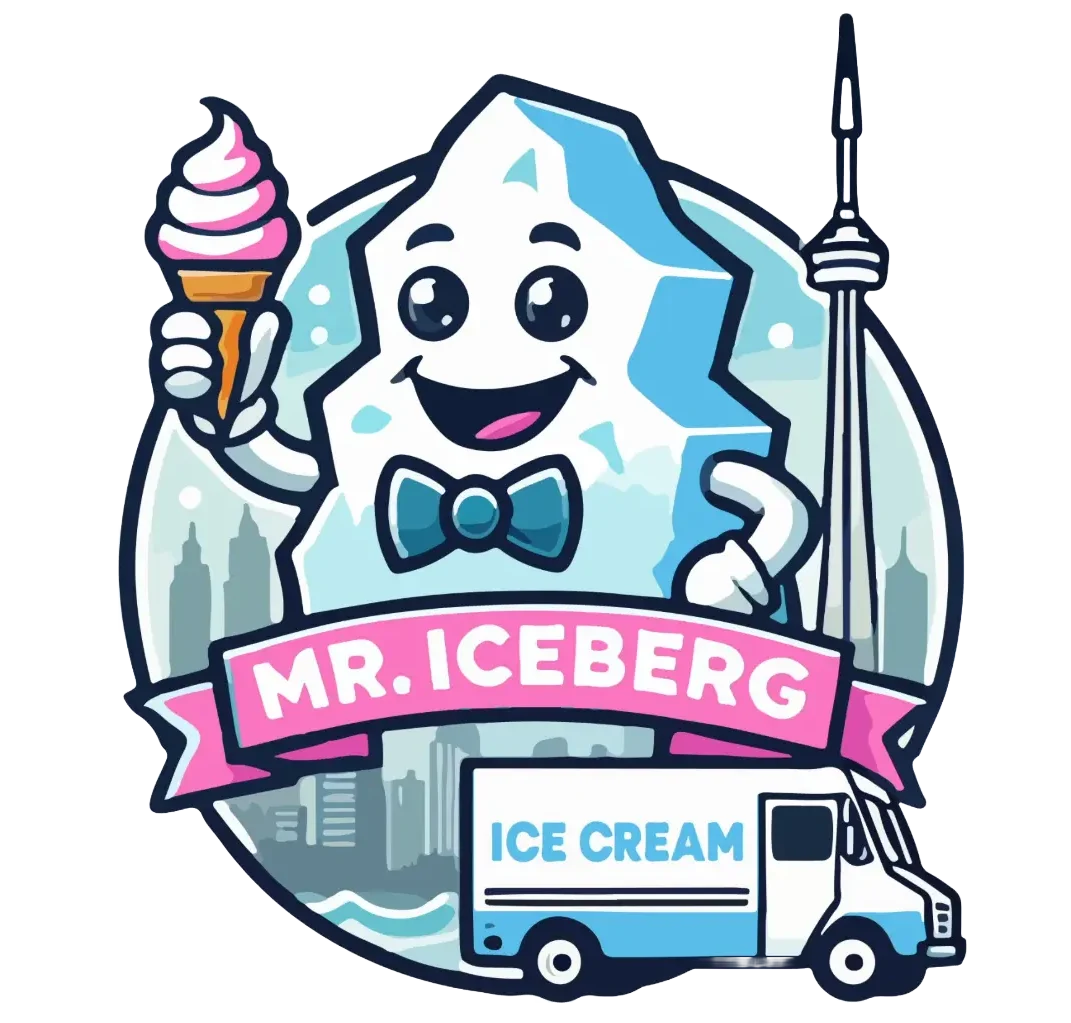 Mr. Iceberg logo featuring a smiling iceberg holding a soft-serve ice cream cone, with an ice cream truck and Toronto skyline in the background.