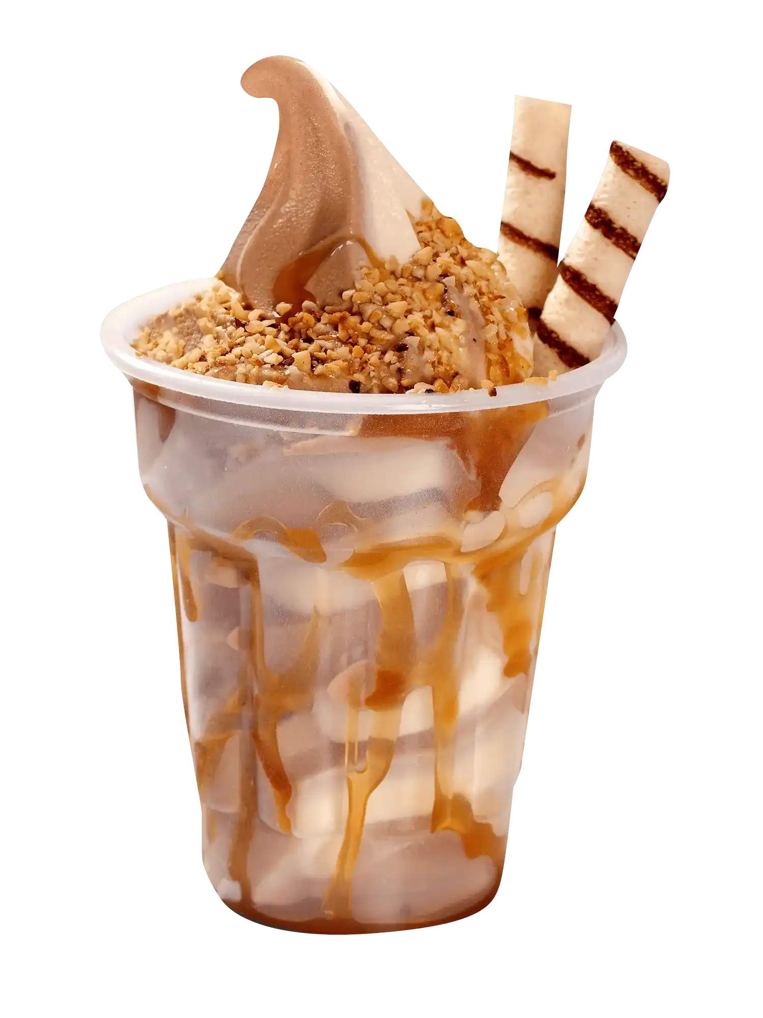 Sundae with caramel drizzle, crushed nuts, and wafer sticks