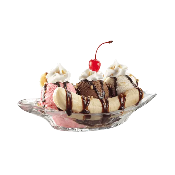 Banana boat with ice cream, chocolate drizzle, whipped cream, and a cherry