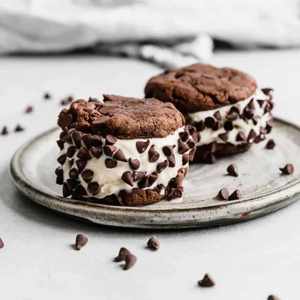 Chocolate chip ice cream sandwiches with chocolate cookies on a rustic plate.
