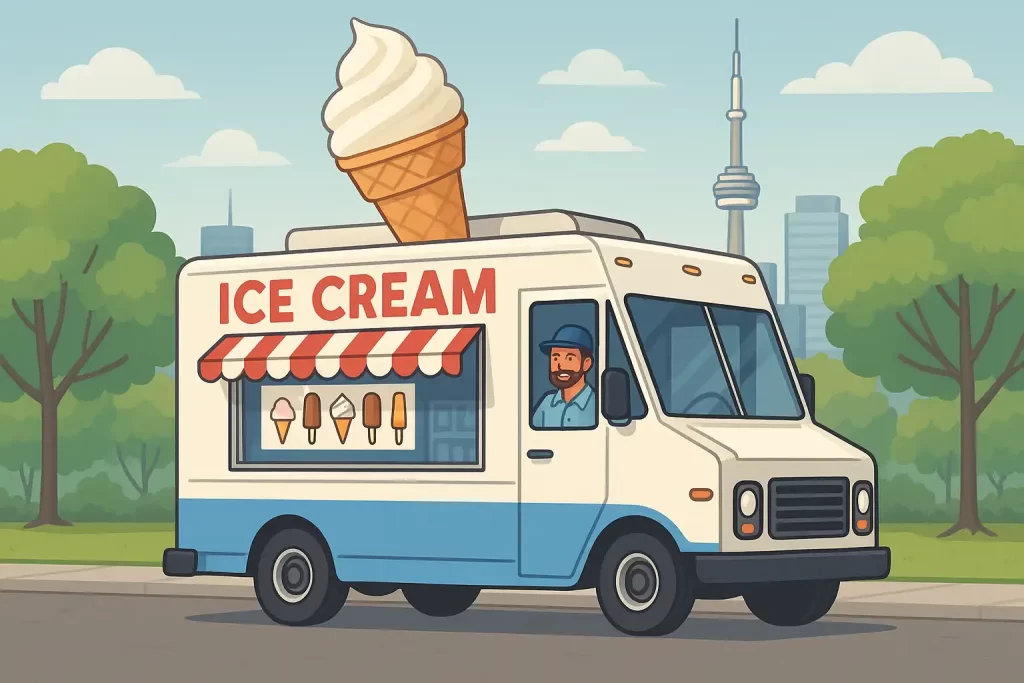 A cheerful ice cream truck vendor drives through a sunny Toronto park with the CN Tower in the background.